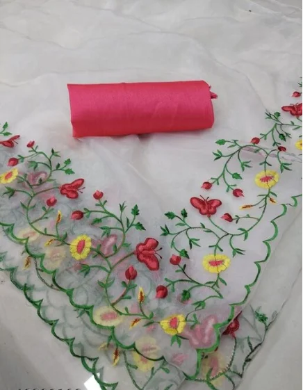 MYRA White Embroidered Organza Sarees With Banarsi Silk Fabric Blouse